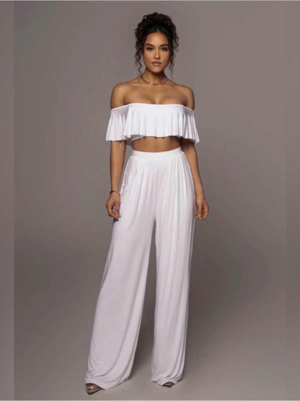 JLUXLABEL White Off-Shoulder Wide-Leg Two-Piece Set